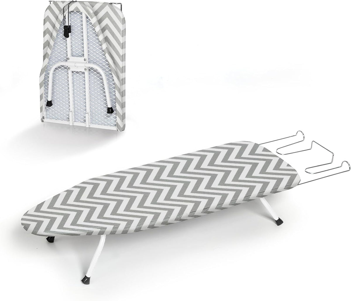 RAINHOL Tabla de Planchar Plegable para Espacios Pequenos | Mini Tabla Compacta | Con Gancho y Soporte para Plancha | Funda 100% Algodon Resistente al Calor | 31x12 Pulgadas | Rayas Gris y Blanco