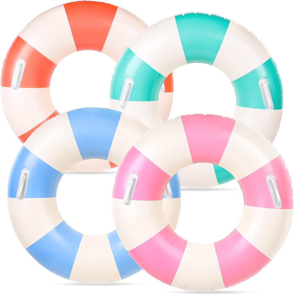 FYSUIMU 4 flotadores inflables para piscina con asa, 4 colores, anillos de natación a rayas clásicas, tubos de piscina para adolescentes, verano, playa, despedida de soltera, 30 x 14 pulgadas