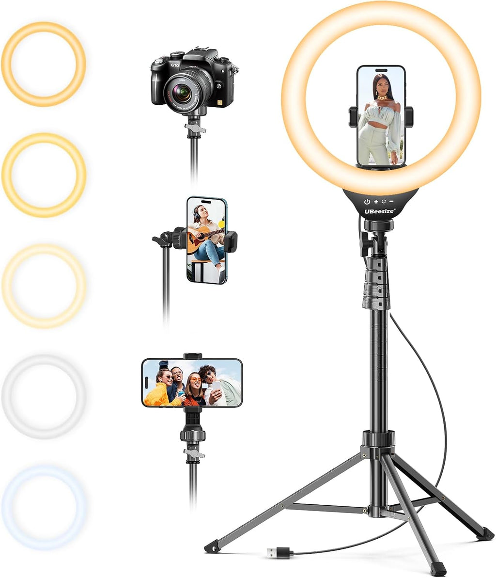 UBeesize Aro de Luz LED 12'' con Tripode de 62'' | Selfie Ring Light para Video, Streaming, TikTok y YouTube (Negro)
