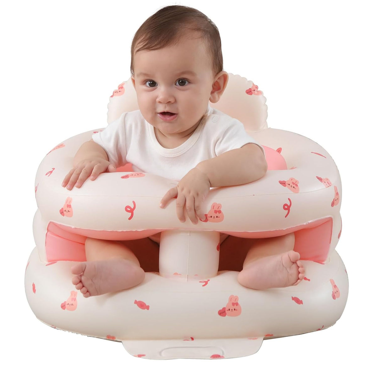Asiento inflable mejorado para bebés AGITVPS con bandeja para bebés de 3 a 36 meses, bomba de aire incorporada, asiento Bumbo con bandeja, silla para bebé Sit Me Up, asiento de suelo para bebés, para aprender a sentarse y comer (conejito Surround-Love).