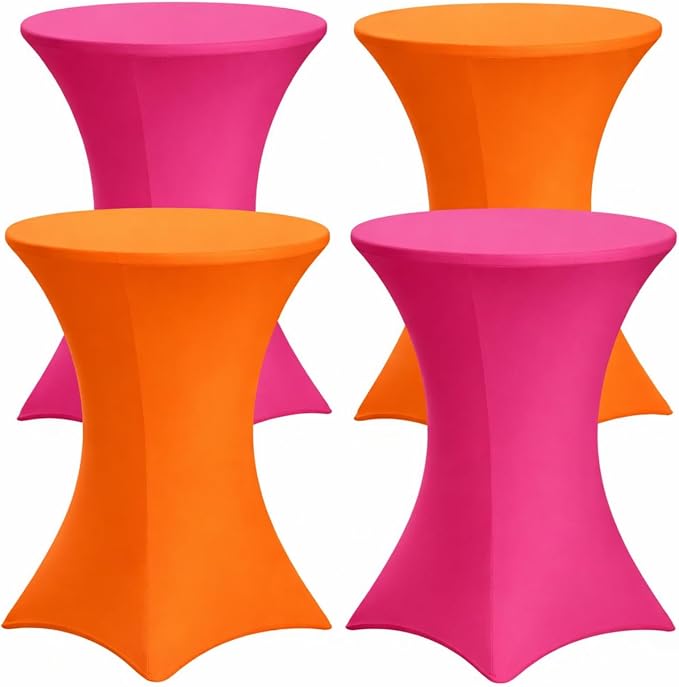 Moukeren Paquete de 4 manteles de color rosa y naranja para decoración de fiesta de cóctel, color rosa intenso y naranja, Highboy de elastano, redondos, elásticos, de 32 x 43 pulgadas, para decoración