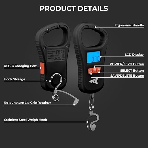 Balanza de pesca KastKing ToughTide con carga USB, capacidad de 65 lb, balanza digital ultradelgada, pantalla LCD, mango ergonómico, pesaje digital de peces, accesorios de pesca para hombres.