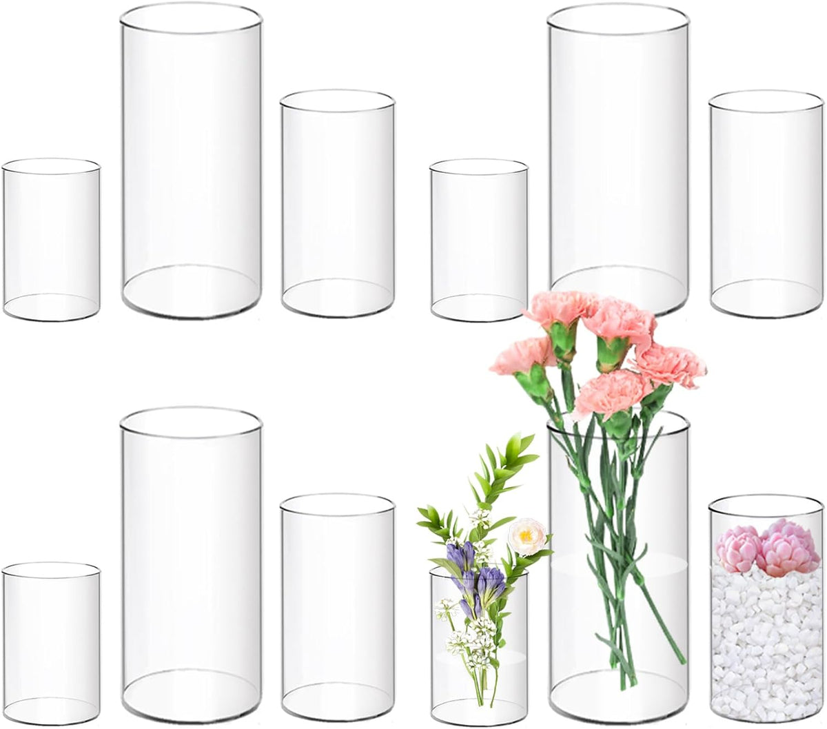 12 jarrones cilíndricos de acrílico de 4, 6 y 8 pulgadas de alto, jarrones de flores de acrílico transparente, portavelas flotantes a granel, jarrones cilíndricos de plástico para centro de mesa, bodas y decoración del hogar.