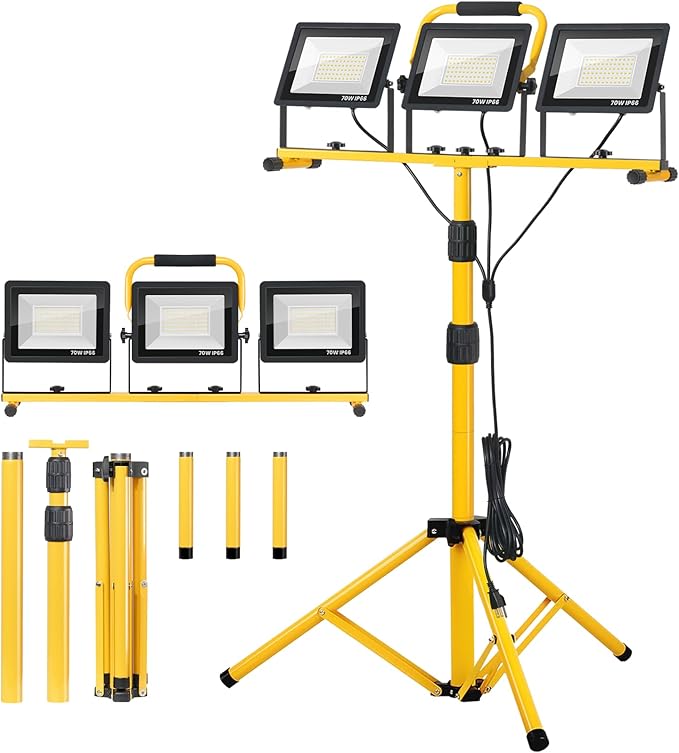 Upgraded LED Work Lights with Stand, 21000 Lumen, 3-Head Adjustable Work Light, Waterproof Foldable Tripod, Extended Cord for Outdoor & Indoor Job Sites, Workshops, Construction, Garage Lighting