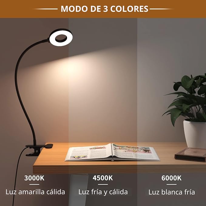 Lámpara de escritorio iZELL, [3 modos de color y 10 niveles de brillo] luz LED de lectura con abrazadera, brazo flexible de silicona para libros de lectura de niños en la cama por la noche