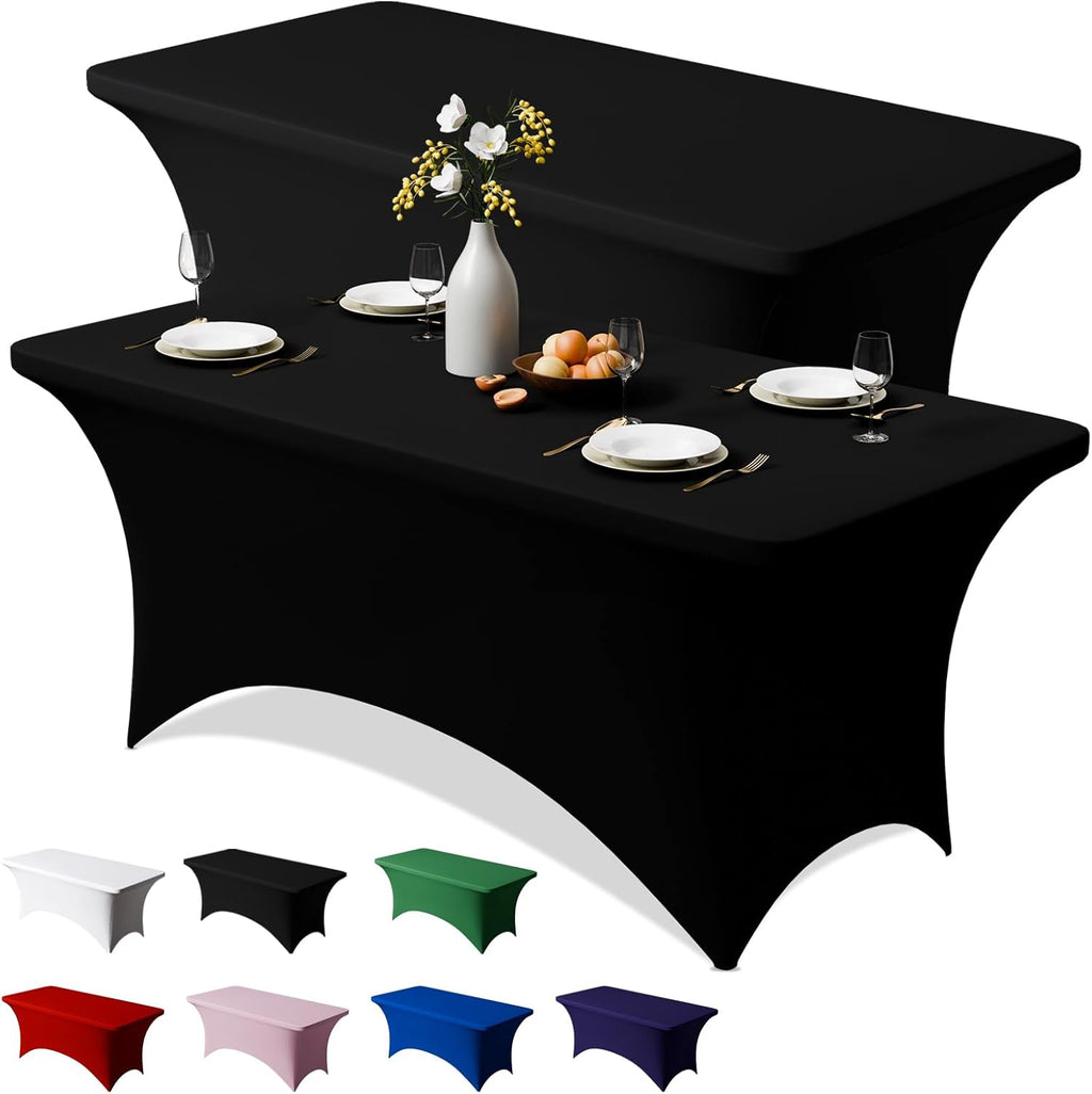 Mantel Elástico de Spandex Trlyc Pack de 2, 183 x 76.2 cm, Mantel Rectangular Elástico Resistente Arrugas, Cubierta Mesa para Boda, Fiesta, Banquete, Picnic, Decoración Exterior (Negro)