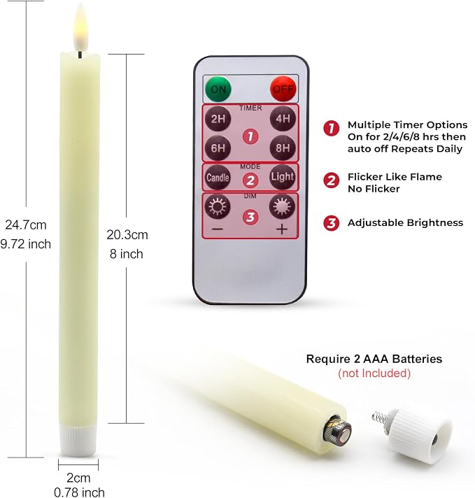 Real Wax - 6 velas cónicas sin llama con control remoto, temporizador, atenuador, 9.6 pulgadas, luz blanca cálida LED con luz parpadeante, velas de ventana a pilas para decoración de San Valentín