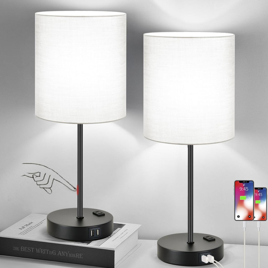 Lynnoland - Juego de 2 lámparas de mesa táctiles con 2 salidas USB y CA, regulables en 3 direcciones para dormitorio, sala de estar y guardería, 800 lúmenes, bombillas de luz diurna de 5000 K incluidas. 