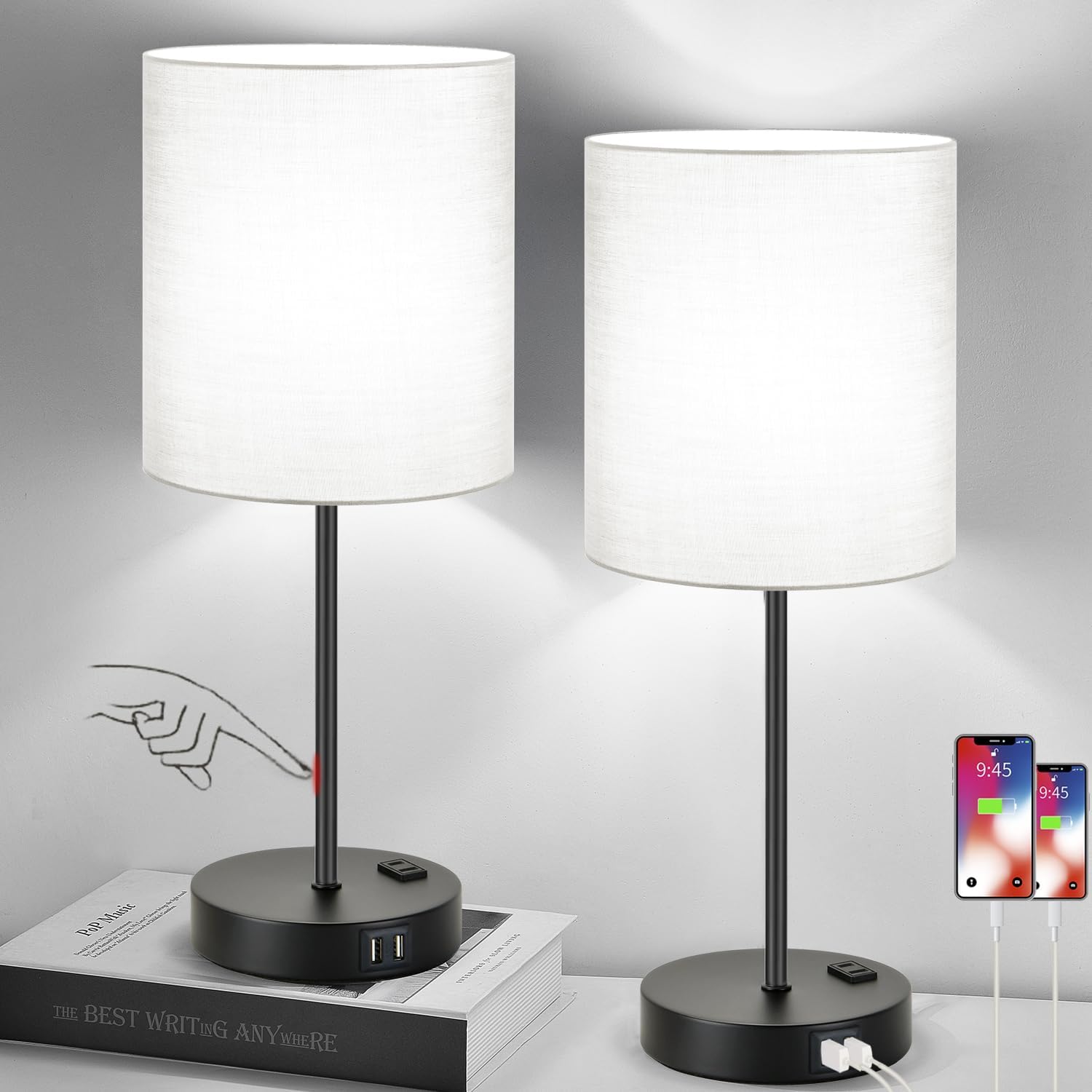 Lynnoland - Juego de 2 lámparas de mesa táctiles con 2 salidas USB y CA, regulables en 3 direcciones para dormitorio, sala de estar y guardería, 800 lúmenes, bombillas de luz diurna de 5000 K incluidas. 