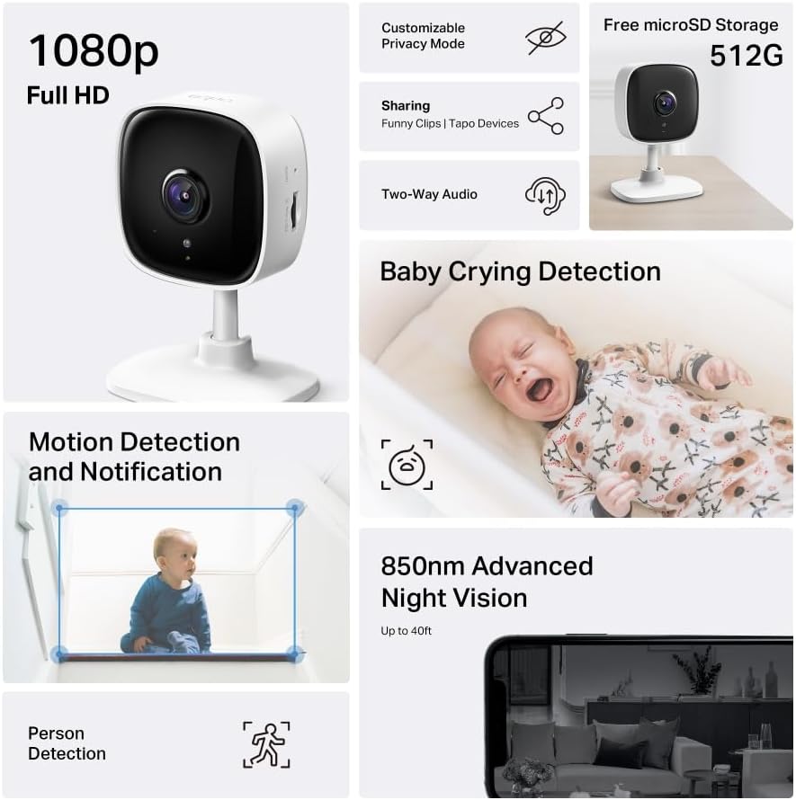 Cámara de seguridad interior Tapo C100 Full HD con monitor para bebés y Wi-Fi.