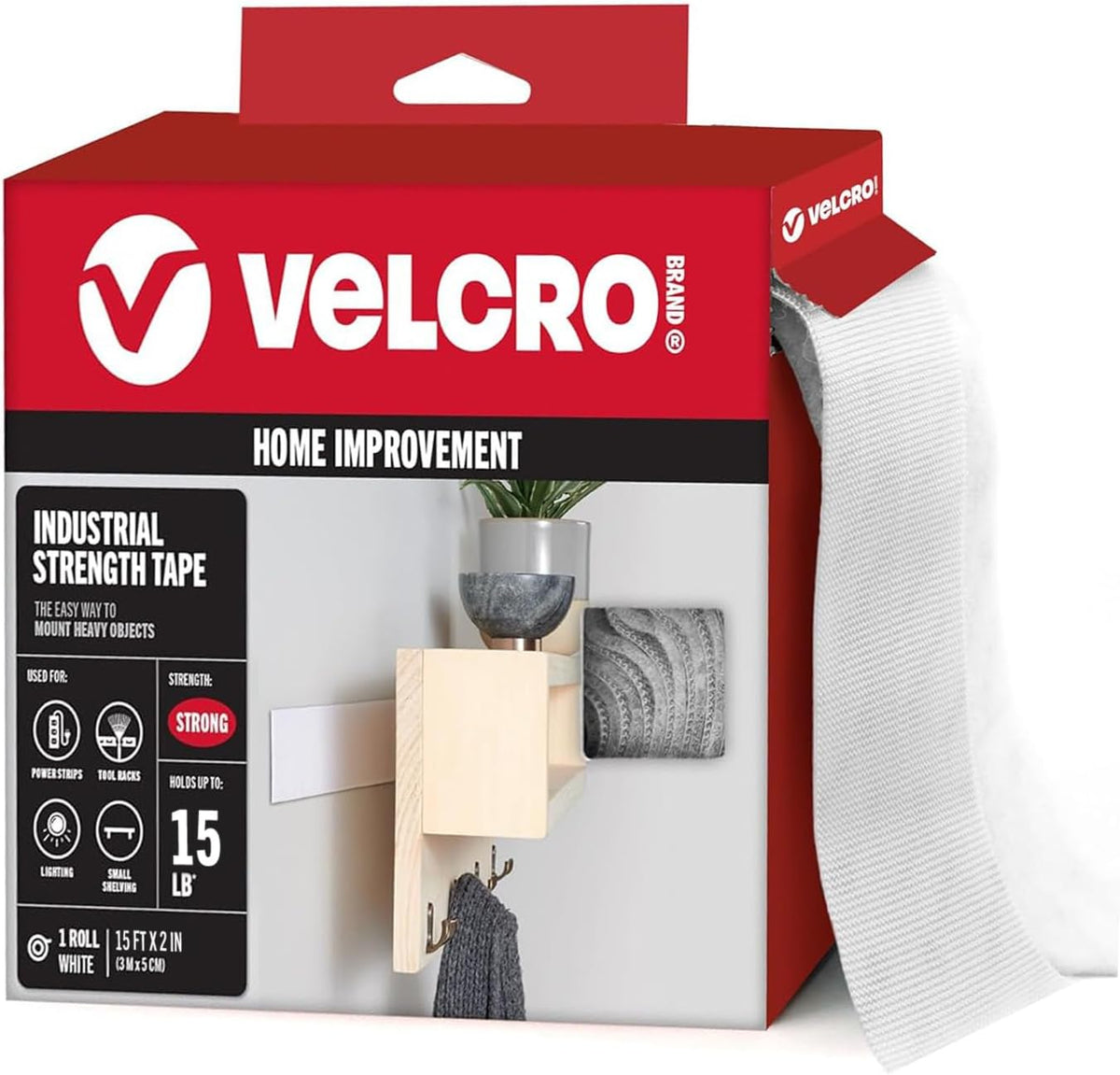 Cinta adhesiva VELCRO marca 90198 resistencia industrial interior exterior uso poder sujeción superior superficies lisas tamaño 4.5m x 5cm cinta blanca paquete de 1