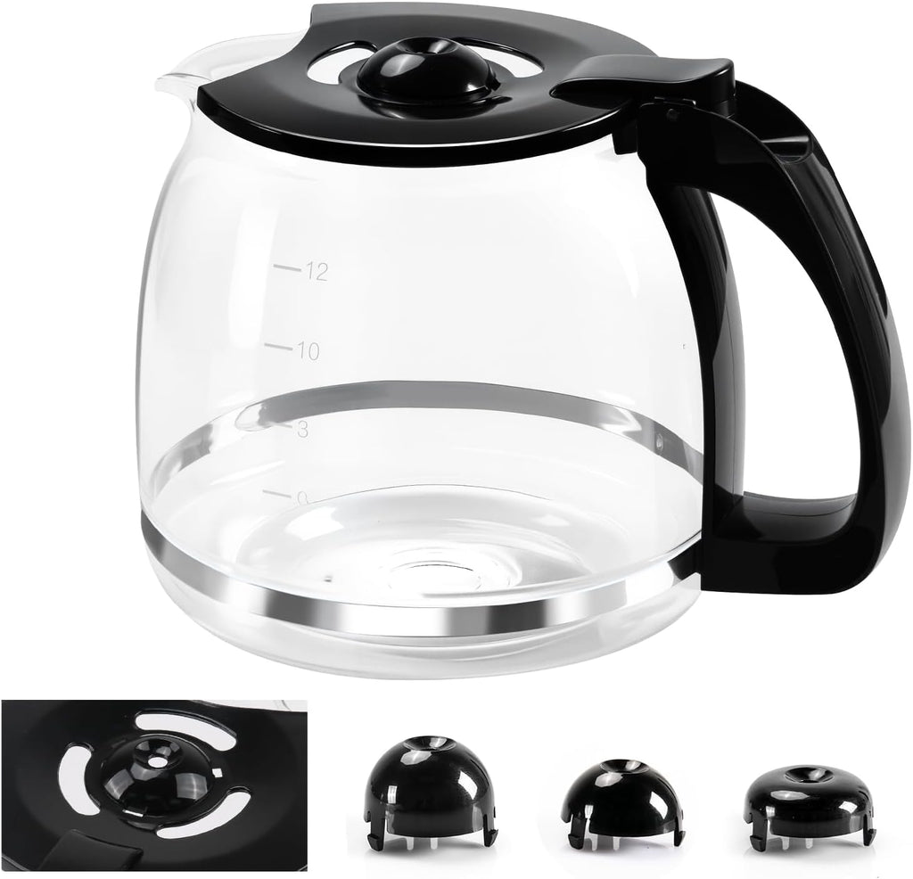 Jarra de Vidrio de Repuesto de 12 Tazas para Cafetera, Compatible con Mr Coffee, Black & Decker, Negra con Asa Cerrada, Reemplazo para PLD12, PLD12-RB, PLD12-NP