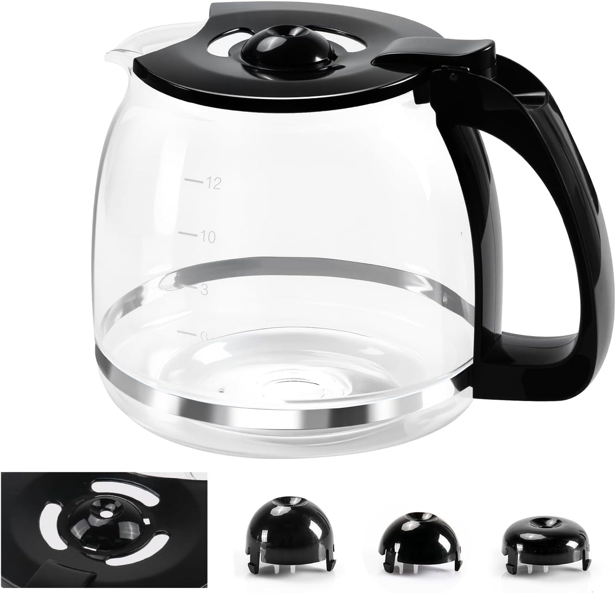 Jarra de Vidrio de Repuesto de 12 Tazas para Cafetera, Compatible con Mr Coffee, Black & Decker, Negra con Asa Cerrada, Reemplazo para PLD12, PLD12-RB, PLD12-NP