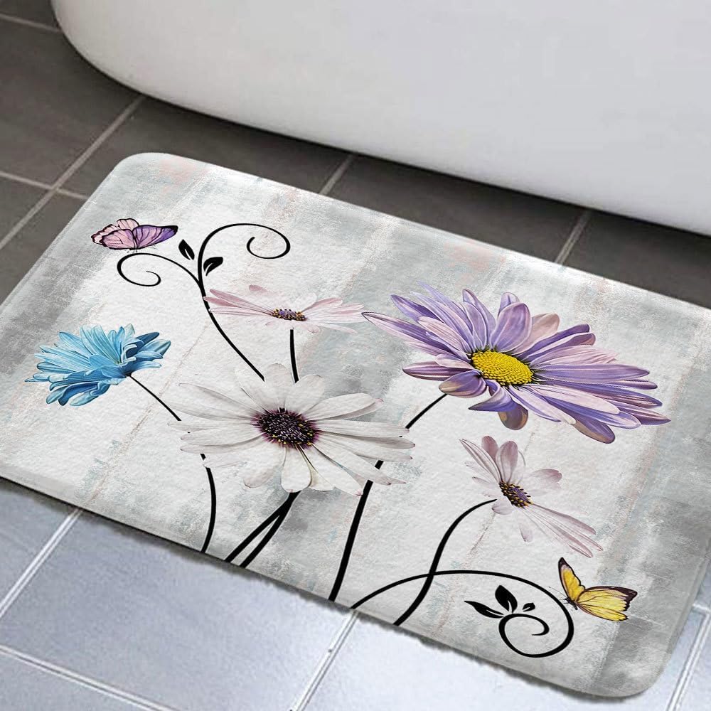 Alfombras de baño rústicas JAWO estilo granja, alfombras de baño florales grises y moradas estilo granja con margaritas y mariposas sobre alfombras de baño de madera campestres, linda alfombra de puerta para ducha, bañera y pasillo, 17"x29" Gris Morado