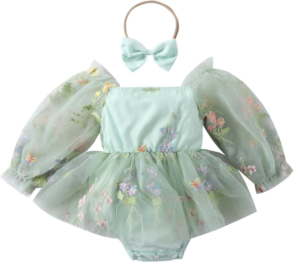 Vestido Primer Cumpleaños Bebé Niña – Hada Tutú con Bordado Floral, Body Manga Larga, Verde Salvia, 6-12 Meses