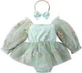 Vestido Primer Cumpleaños Bebé Niña – Hada Tutú con Bordado Floral, Body Manga Larga, Verde Salvia, 6-12 Meses