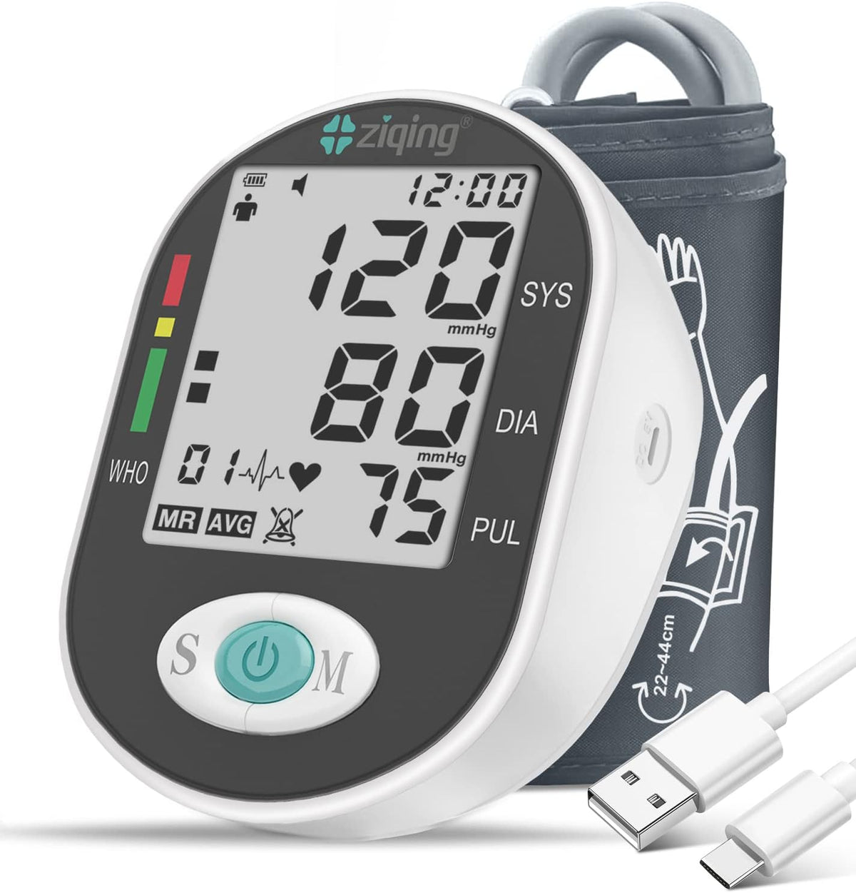 Monitor de presión arterial, tensiómetro con brazalete grande para el brazo de 8,7 a 17,3 pulgadas, pantalla grande, 198 memorias para 2 usuarios (blanco y negro).