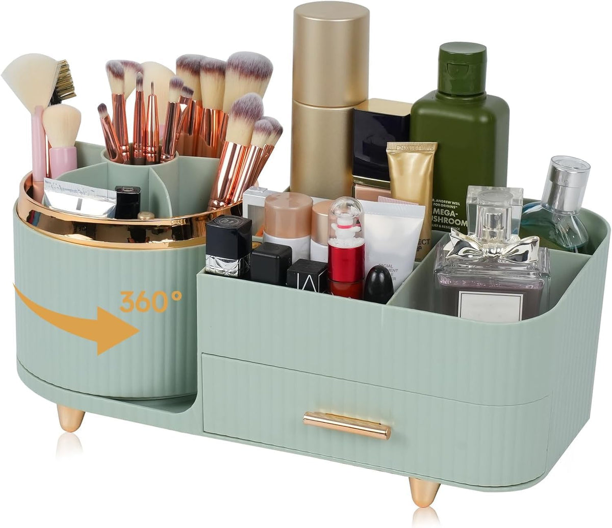 Zufudo Organizador de Maquillaje de Mostrador con Cajon | Portabrochas Giratorio 360 de Gran Capacidad | Exhibidor de Cosmeticos para Tocador y Bano Modelo 3016 Verde