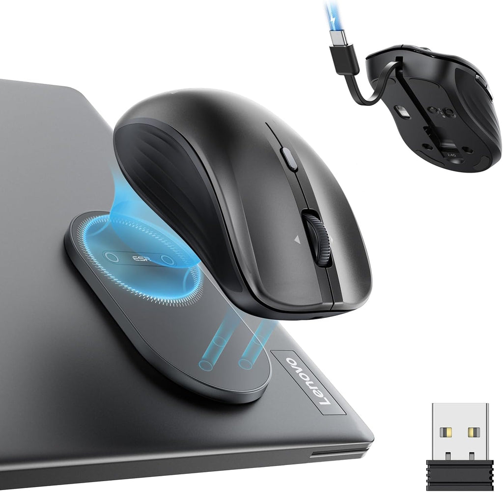 Ratón Bluetooth ESR MagMouse Recargable Inalámbrico Computadora - Cable Carga Incorporado Soporte Adhesivo Reutilizable - BT 5.0 + 2.4 GHz Silencioso Ergonómico Negro