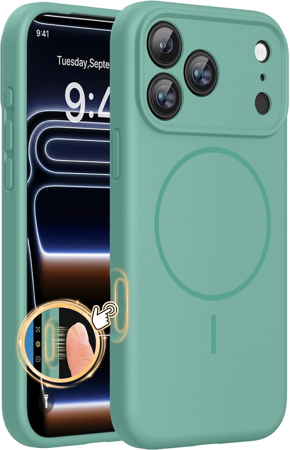 Miracase Funda Magnetica para iPhone 17 Pro Max | Compatible con MagSafe | Cubierta de Silicona Integrada para Control de Camara | 3.0mm Antigolpes | Verde Medianoche