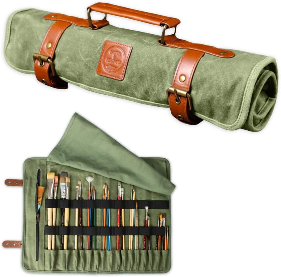 Earth & Fiber Co. Waxed canvas paint brush holder - Art bag for painting, drawing & art supplies - Painting supplies for adults - Art storage roll bag for artists