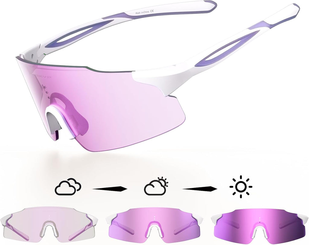 Gafas Fotocromaticas WGKVP para Correr | Proteccion UV400 Ligeras y Envolventes | Lentes Deportivos para Running y Entrenamiento al Aire Libre | Blanco Morado