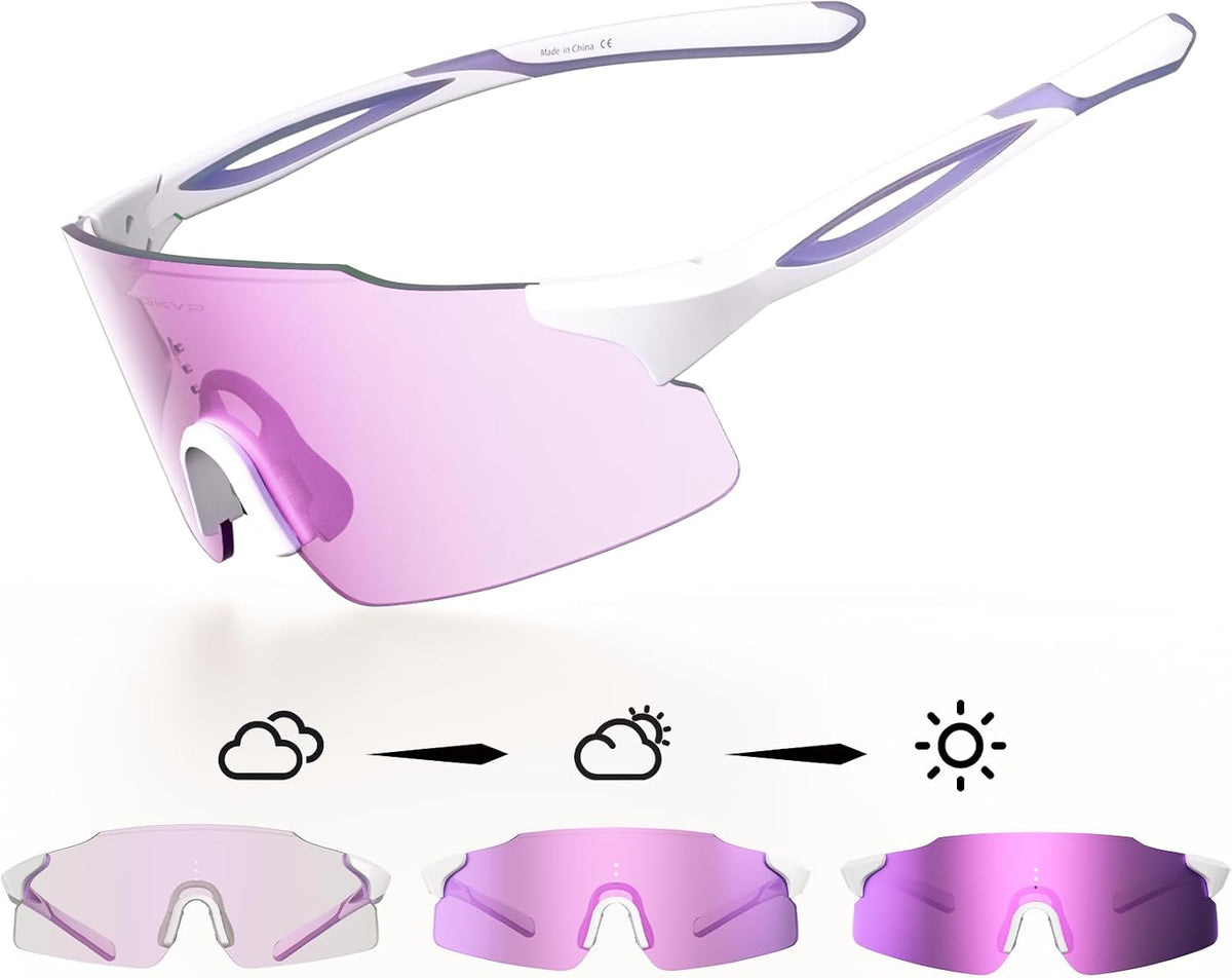 Gafas Fotocromaticas WGKVP para Correr | Proteccion UV400 Ligeras y Envolventes | Lentes Deportivos para Running y Entrenamiento al Aire Libre | Blanco Morado