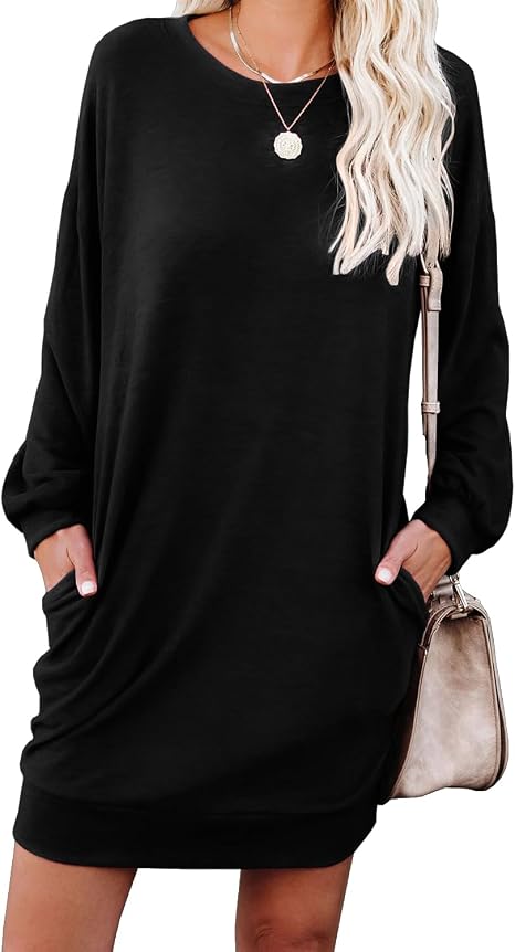 Talla L - PrinStory Vestido tipo suéter casual para mujer, para otoño e invierno, cuello redondo, holgado, con bolsillos laterales, para el trabajo