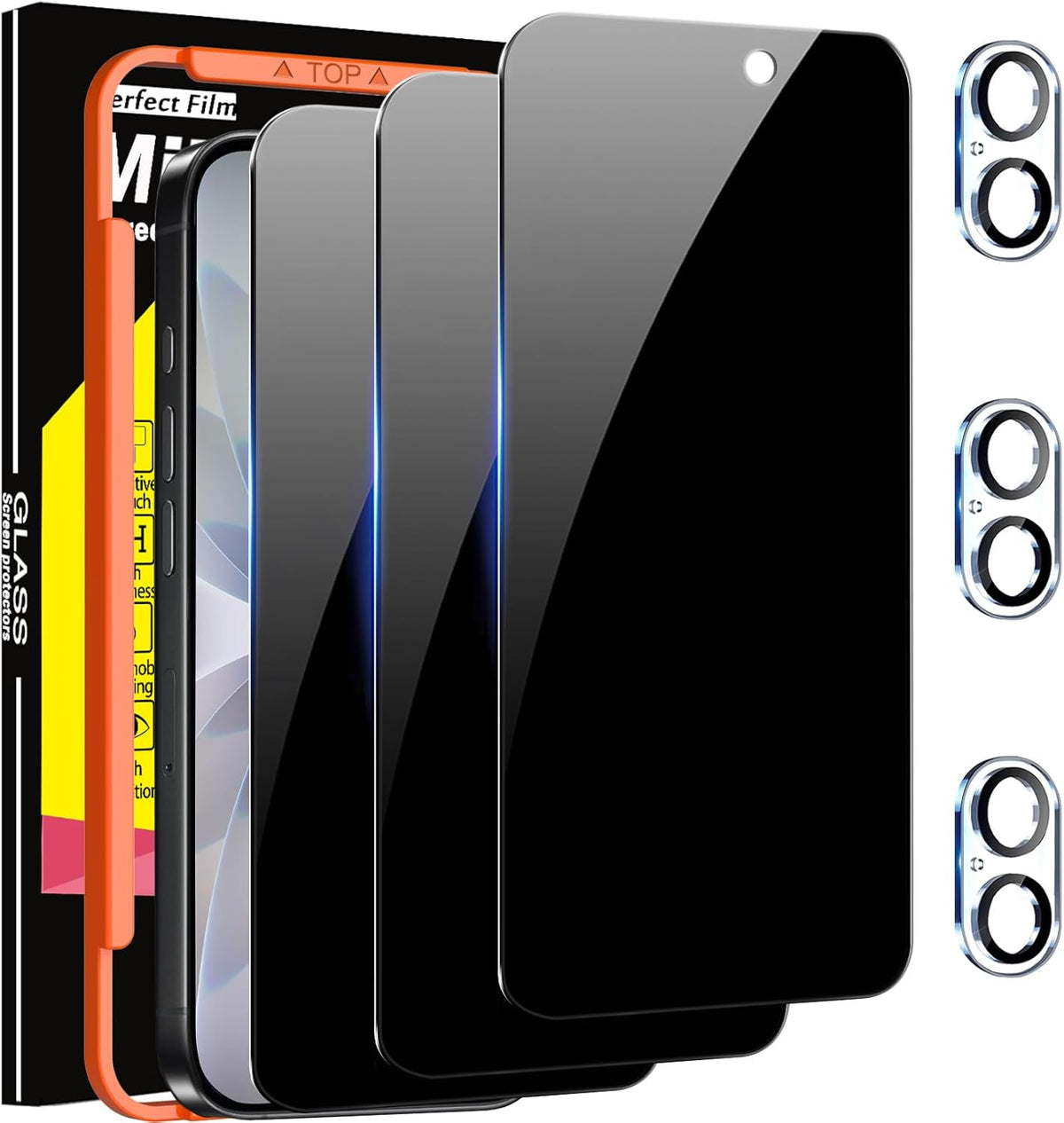 Milomdoi 3 Piezas Protector de Pantalla de Privacidad para iPhone 17 | Vidrio Templado Antiespia | con Protector de Lente de Camara y Marco de Instalacion | Negro