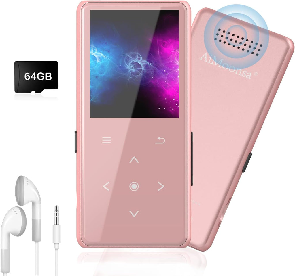Reproductor MP3 AiMoonsa 64GB Bluetooth 5.2 – Parlante HD, Radio FM, Grabadora y Audífonos Incluidos