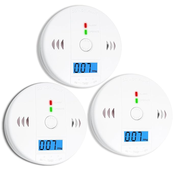 Paquete de 3 detectores de monóxido de carbono, detector de CO, alarma de monóxido de carbono, detector de CO2 alimentado por batería con pantalla LCD, detector de monóxido de carbono, estándares UL2034