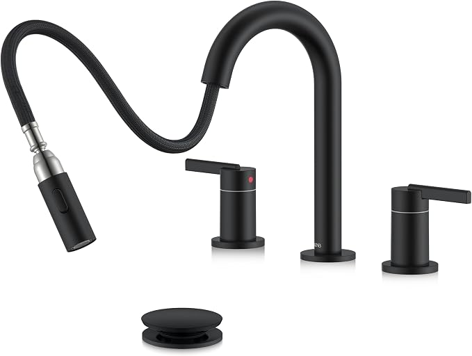 Grifo de baño extraíble negro mate, 8 pulgadas, 2 manijas, grifo de baño extendido de 3 agujeros con rociador extraíble