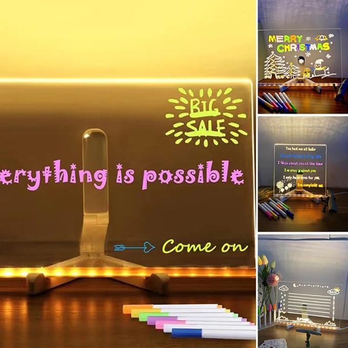 Tablero de notas LED con colores, pizarra de acrílico brillante para mensajes de texto, pizarra acrílica de borrado en seco con luz, pizarra de borrado en seco iluminado con soporte como tablero de