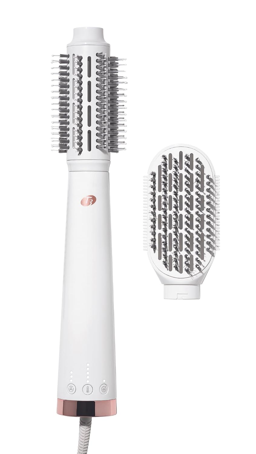 Cepillo secador de aire caliente intercambiable T3 AireBrush Duo con dos accesorios: incluye 15 combinaciones de calor y velocidad, tecnología T3 IonFlow, interruptor de aumento de volumen y función de aire frío con bloqueo.