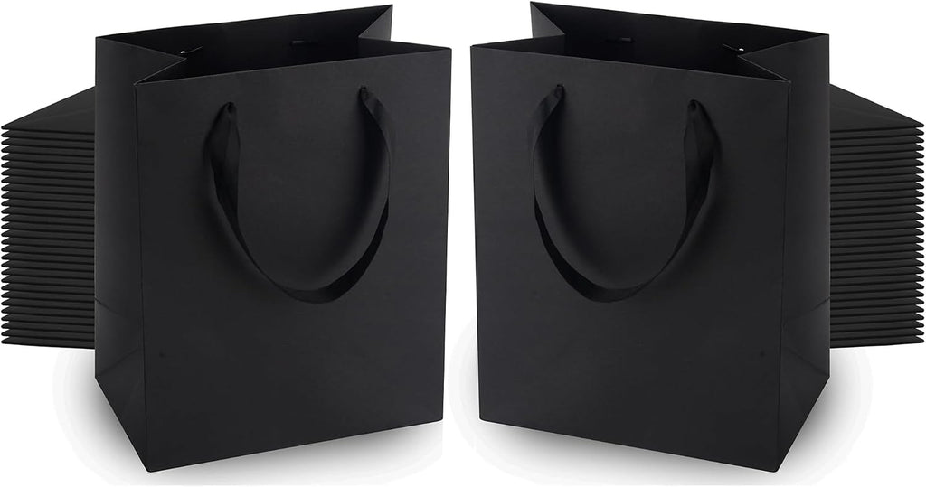MOXARYSU Bolsas de regalo negras con asas: 8 x 5 x 10 pulgadas, 100 bolsas de papel negras a granel para fiestas, compras, cumpleaños, bodas (M, 100)