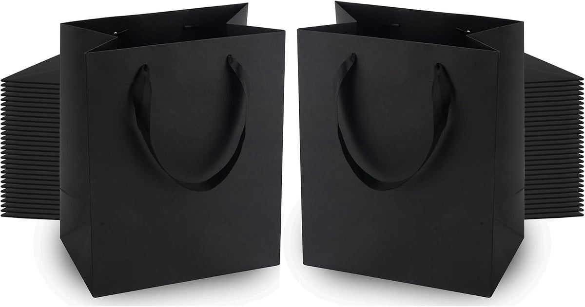 MOXARYSU Bolsas de regalo negras con asas: 8 x 5 x 10 pulgadas, 100 bolsas de papel negras a granel para fiestas, compras, cumpleaños, bodas (M, 100)