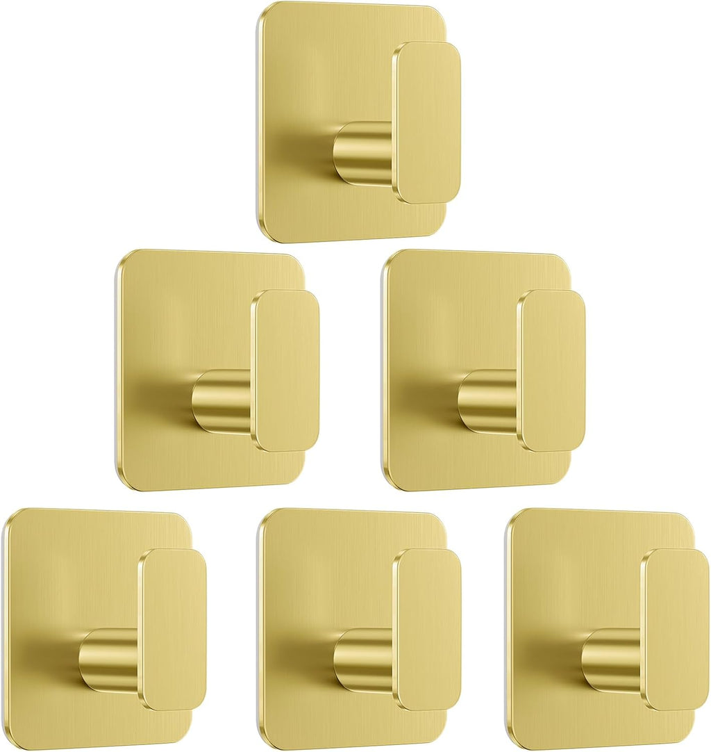 Aikzik Ganchos Dorados Adhesivos de Alta Resistencia 6 Piezas | Impermeables para Bano, Cocina y Toallas | Acero Inoxidable Sin Danar Paredes