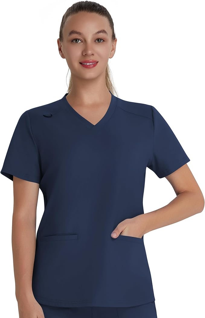 QBK Camiseta médica para mujer – Ropa quirúrgica suave y elástica con cuello en V con 2 bolsillos insertados y un dobladillo curvo, fácil cuidado