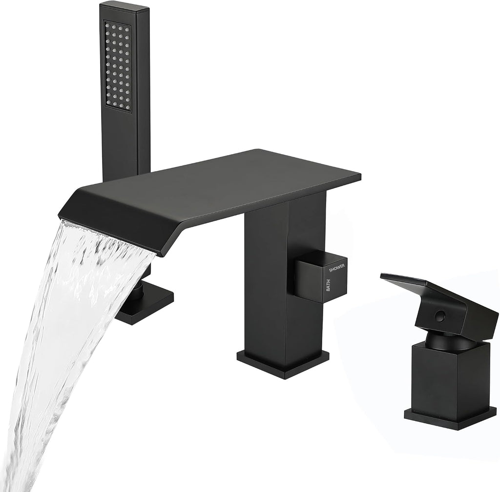 Grifo para Tina Roman NIITAWH Cascada con Ducha de Mano | Negro Mate | 3 Orificios | Montaje en Cubierta | Latón Macizo