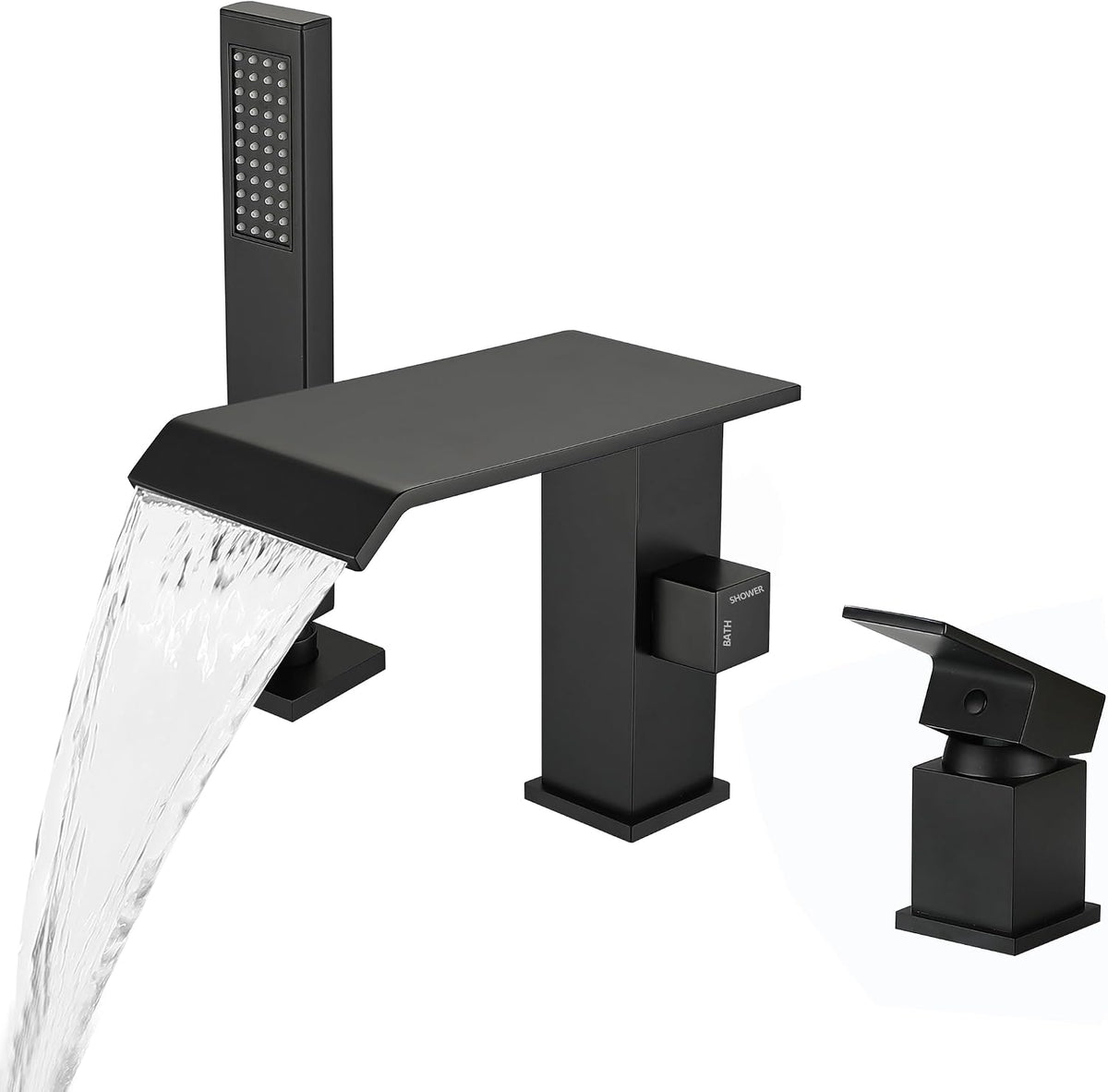 Grifo para Tina Roman NIITAWH Cascada con Ducha de Mano | Negro Mate | 3 Orificios | Montaje en Cubierta | Latón Macizo