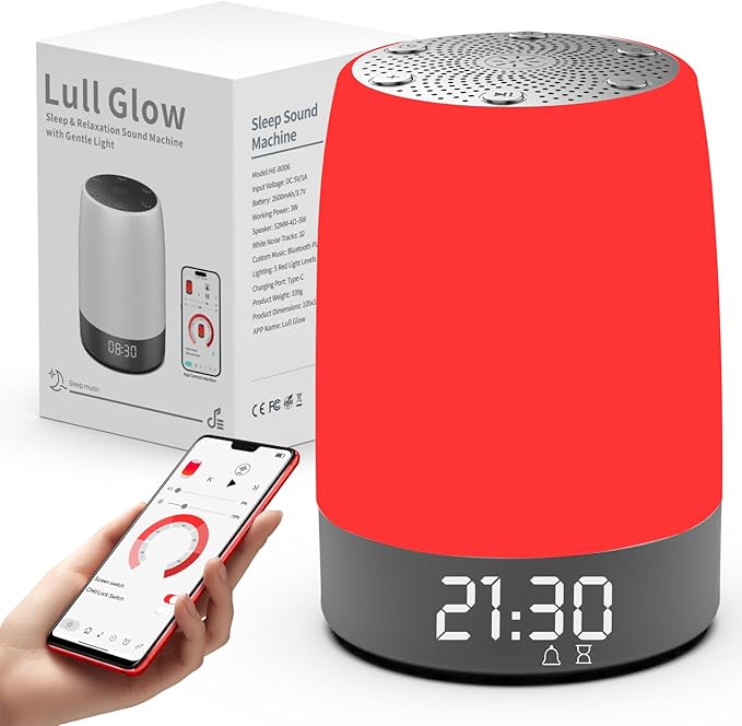 Lámpara de Terapia de Luz Roja y Máquina de Ruido Blanco con Reloj Despertador – Control por App (Grande)