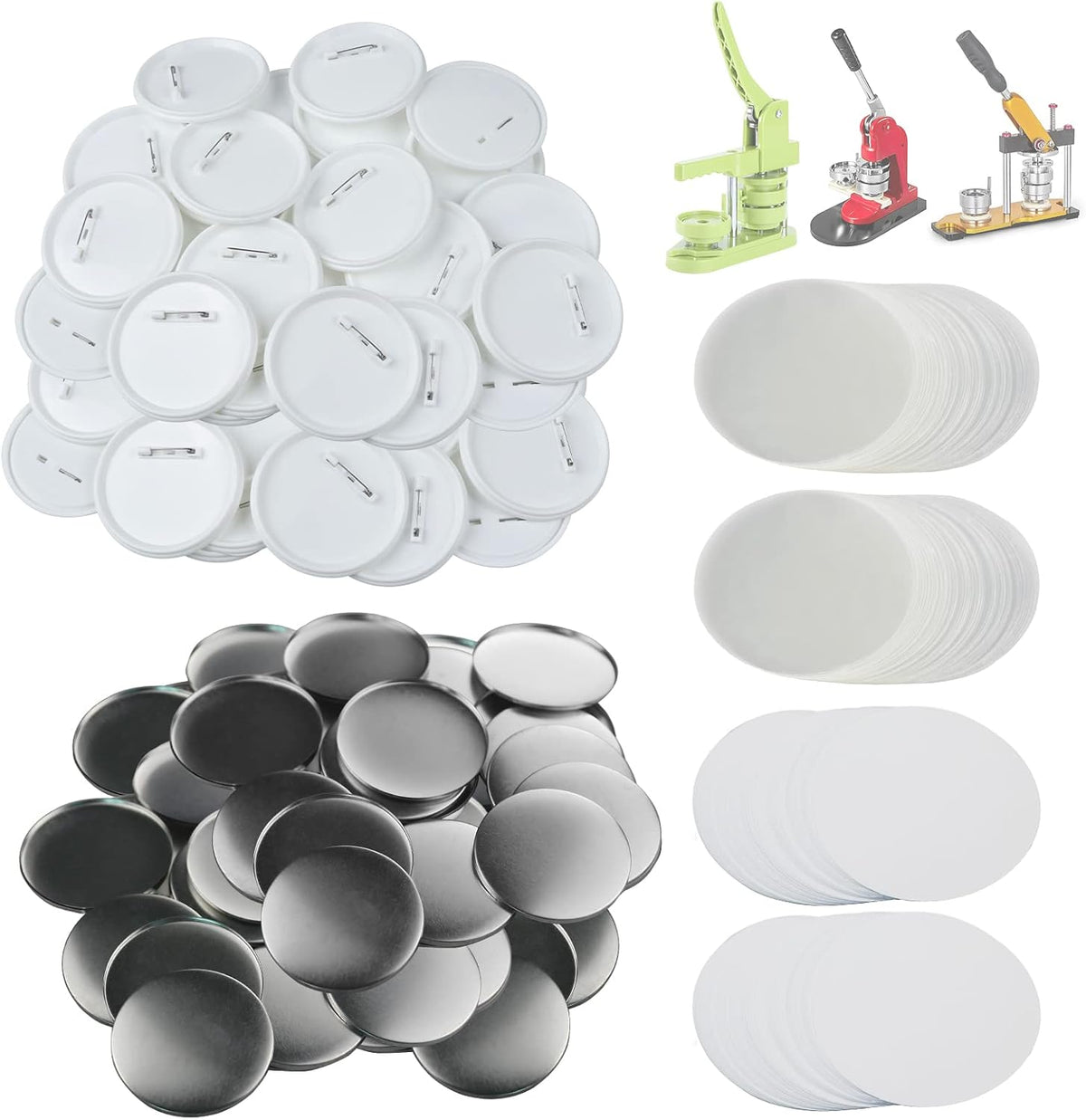 Happizza 100 juegos de piezas para botones de 75 mm (3 pulgadas) para máquina de fabricación de botones, suministros para la fabricación de botones redondos, base de alfiler en blanco, incluye cubierta metálica, cubierta trasera de plástico para botón