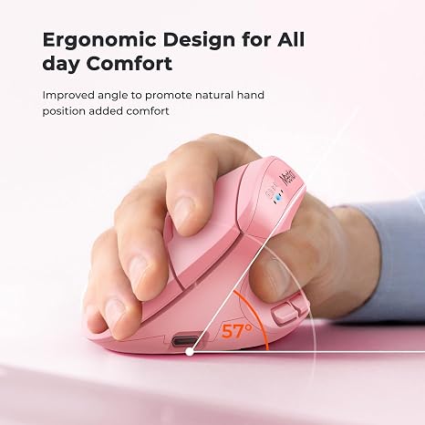 Ratón Ergonómico Vertical Inalámbrico MEETION – Rosa, Bluetooth 5.2 + USB, 4 DPI 800–2400, Recargable, para Windows y Mac