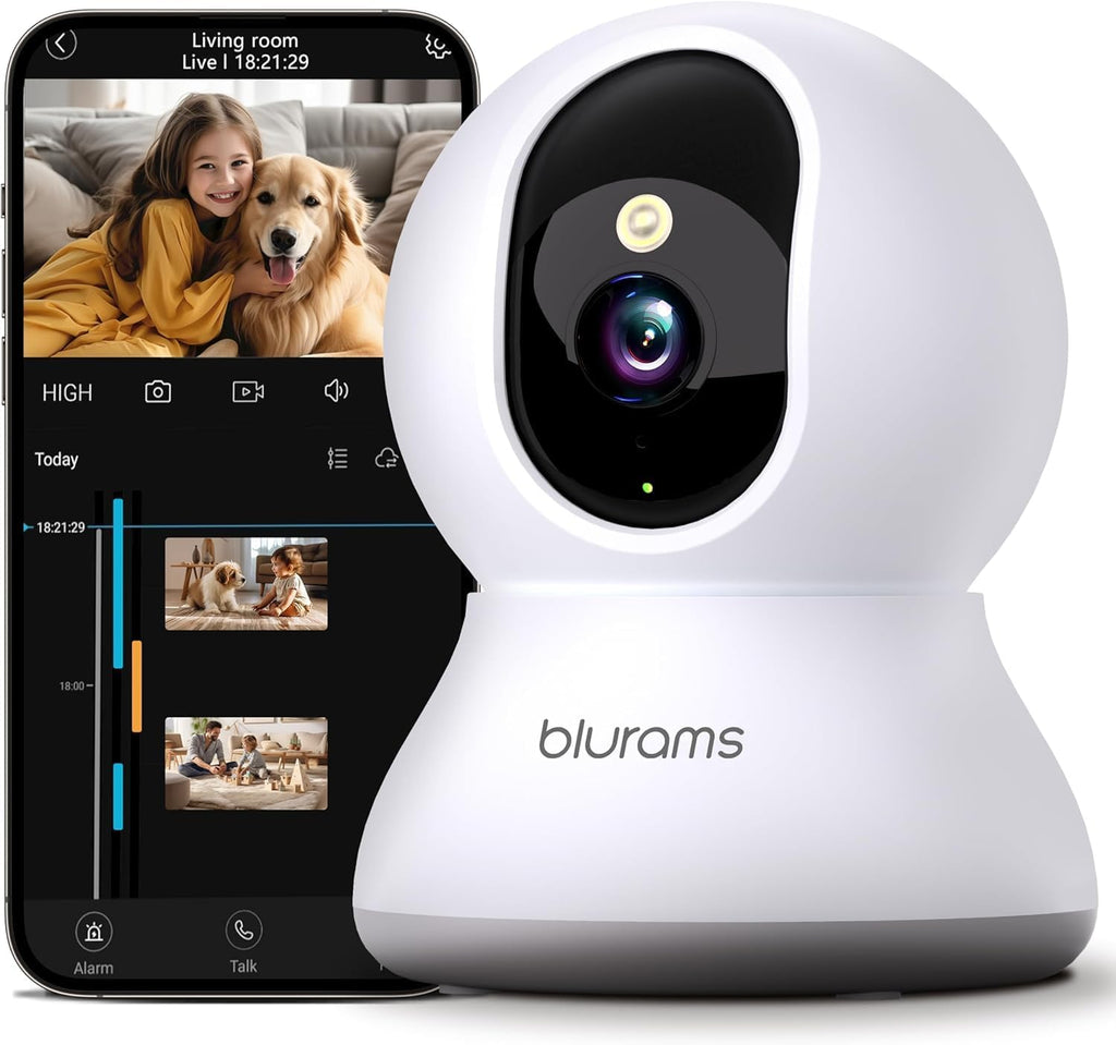 Cámara de seguridad 2K, cámara para bebés y perros blurams de 360 grados para seguridad en el hogar con seguimiento de movimiento inteligente, aplicación para teléfono, visión nocturna infrarroja, sirena, compatible con Alexa, Google Assistant e IFTTT