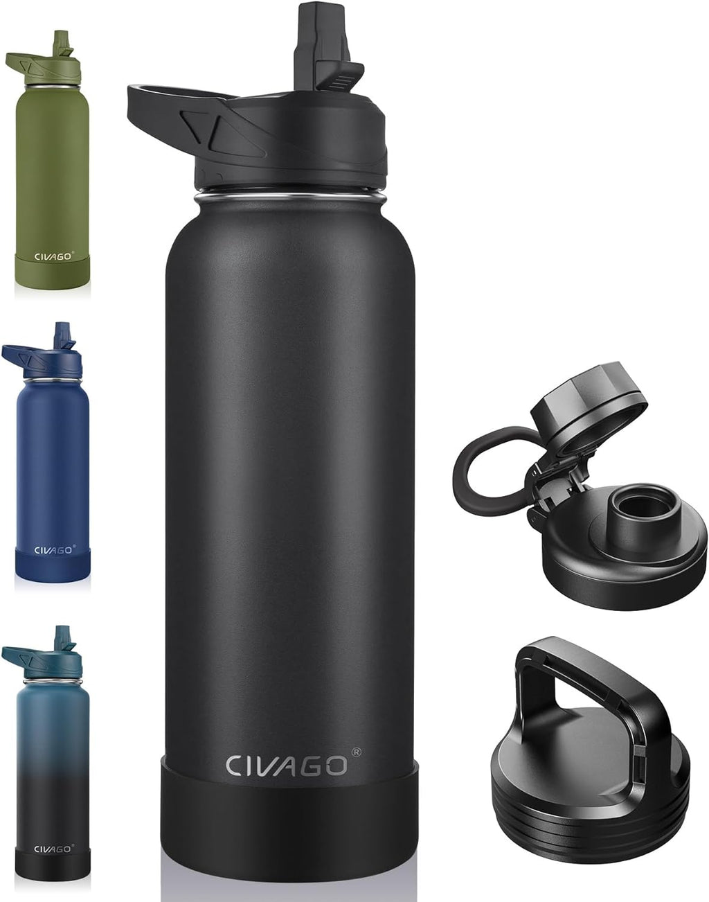 Botella de agua isotérmica CIVAGO de 1,2 litros con pajita, termo deportivo de acero inoxidable con 3 tapas (pajita, boquilla y asa), taza térmica de viaje de doble pared, color negro medianoche.
