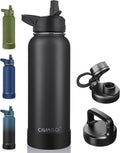 Botella de agua isotérmica CIVAGO de 1,2 litros con pajita, termo deportivo de acero inoxidable con 3 tapas (pajita, boquilla y asa), taza térmica de viaje de doble pared, color negro medianoche.