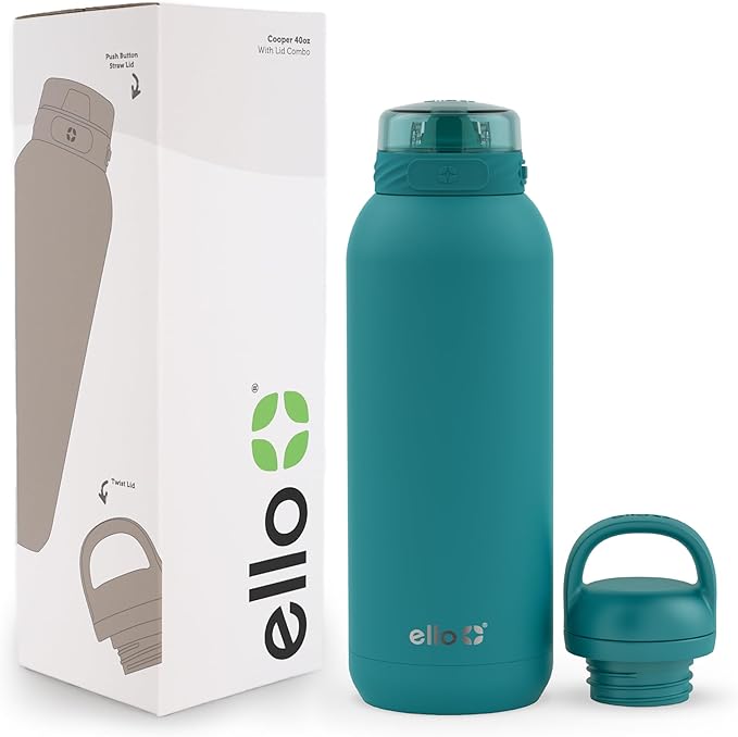 Botella de Agua Ello Cooper Acero Inoxidable 40 oz – 2 Tapas, Doble Pared Aislada y Asa Integrada