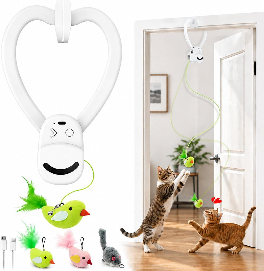 Juguete Interactivo Pájaro Volador Automático para Gatos con Clip – USB Recargable con Accesorios Intercambiables de Pájaro y Ratón
