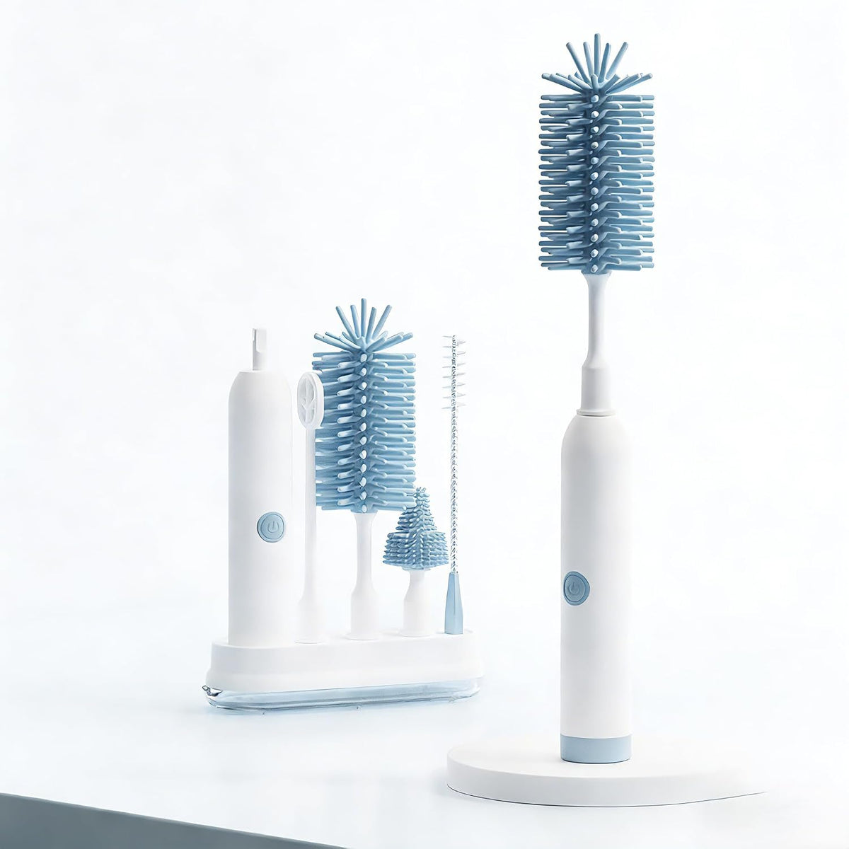 Cepillo Electrico Recargable para Biberones con Base | Limpiador de Silicona con Giro 360 Grados | Biberones, Extractores y Recipientes | Azul Mar