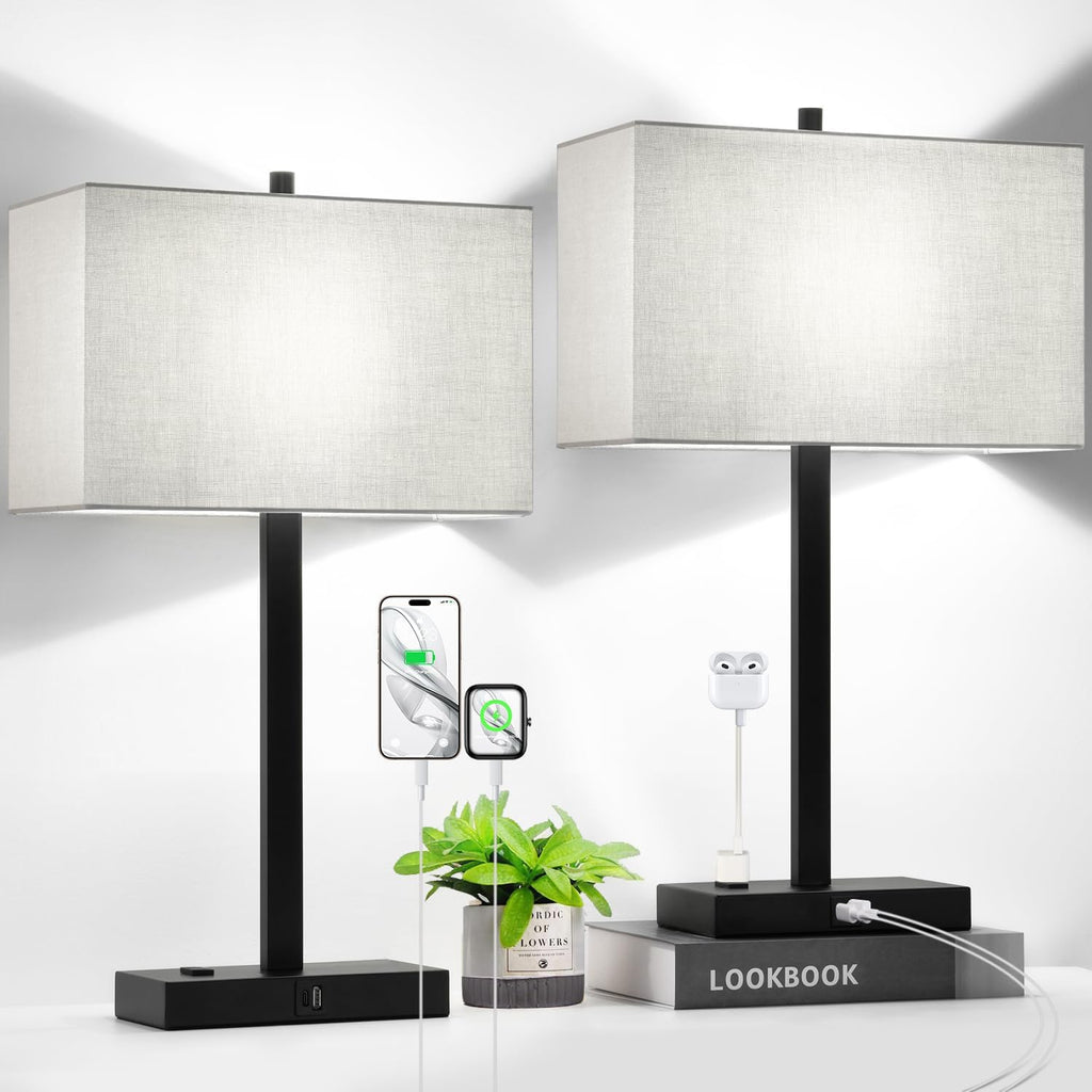 Lamparas de Mesa Tactiles 21 pulgadas Set de 2 | 2 USB + Tomacorriente AC | Regulables 3 Niveles | Pantalla Gris | Bombillos LED 5000K Incluidos